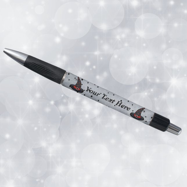 Black Witch Hat Stars Cute Spider Halloween Pen (Two black witch hats orange sash and stars on white with black stars Halloween writing pen.)