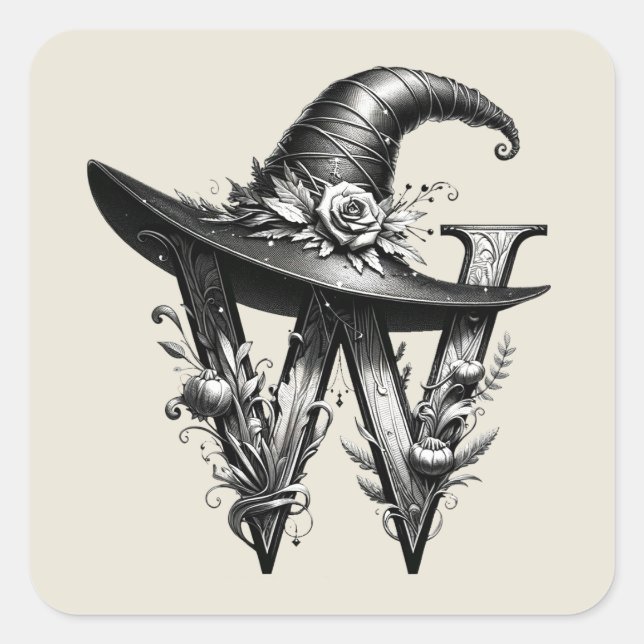 Black Witch Hat Witchy Letter W Custom Initial  Square Sticker (Front)