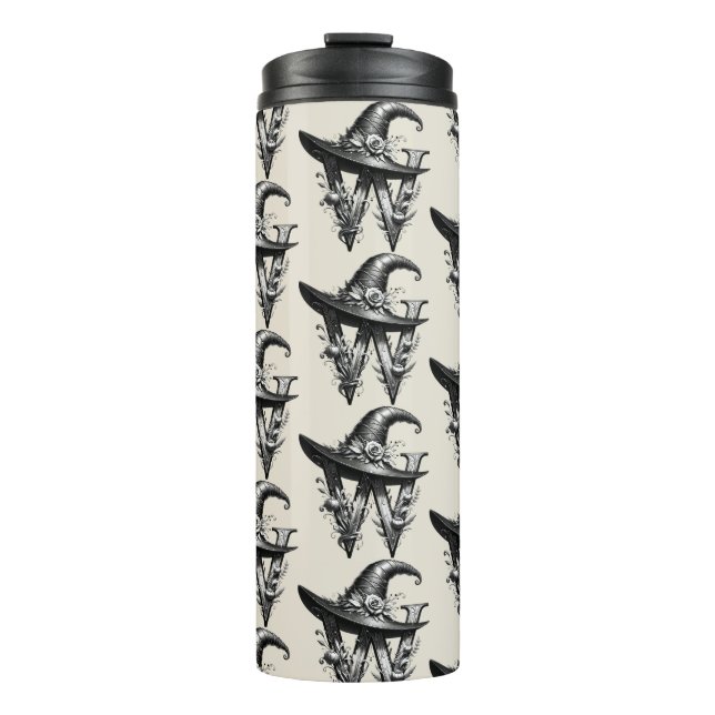 Black Witch Hat Witchy Letter W Custom Initial  Thermal Tumbler (Front)