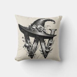 Black Witch Hat Witchy Letter W Custom Initial Throw Pillow