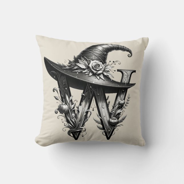 Black Witch Hat Witchy Letter W Custom Initial  Throw Pillow (Front)