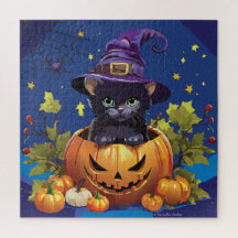Black Witch Kitten Citrouille Carré Puzzle 676 piè