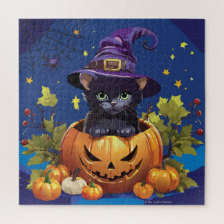 Black Witch Kitten Citrouille Carré Puzzle 676 piè