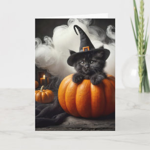Black Witch Kitten In Halloween Pumpkin Card