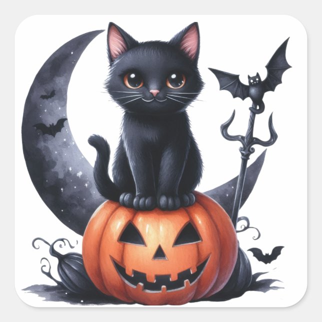 Black Witches Cat Halloween Stickers (Front)