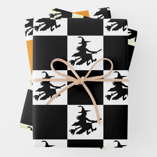 Black Witches on White, Yellow & Orange Chequered Wrapping Paper Sheet (In situ)