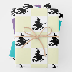 Black Witches on Yellow, Purple & Teal Chequered Wrapping Paper Sheet