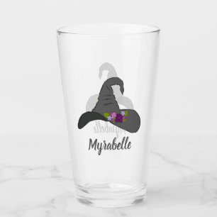 Black Witch's Hat with Flowers Personalized Glass