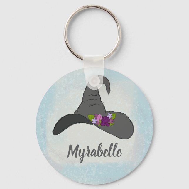 Black Witch's Hat with Flowers Personalized Keychain (Front)