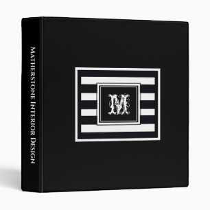 Black with B & W Stripes Chic Monogram Business Binder