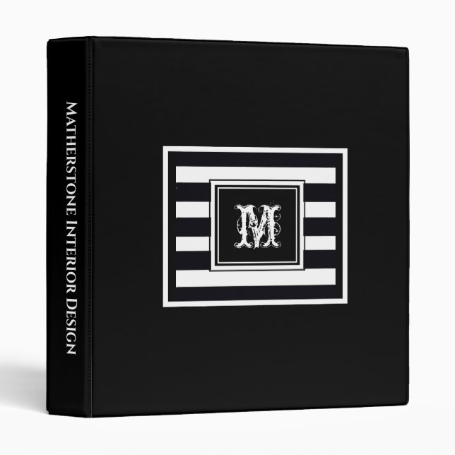 Black with B & W Stripes Chic Monogram Business Binder (Front/Spine)