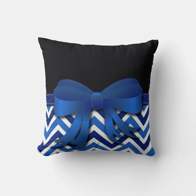 Black with Blue and White Chevron and Blue Bow Throw Pillow (Front)