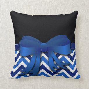 Black with Blue and White Chevron and Blue Bow Throw Pillow