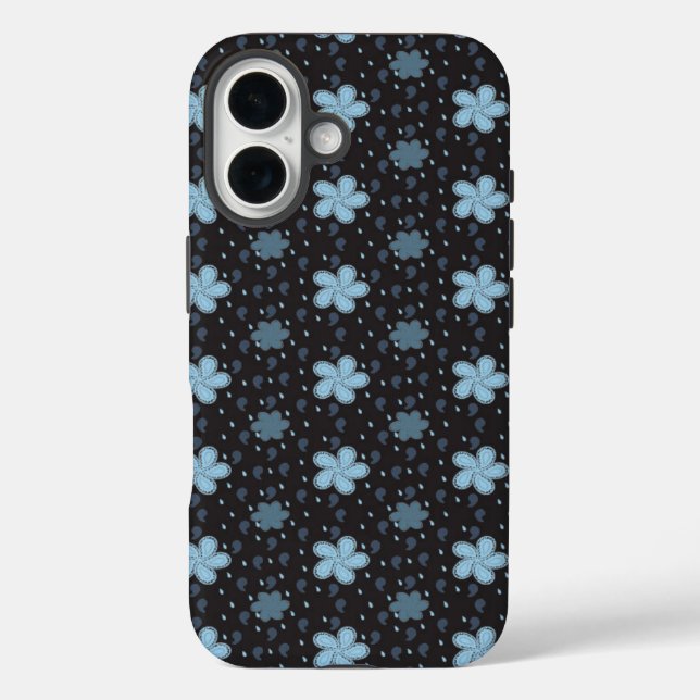 Black with Blue Paisley Flowers iPhone 16 Case (Back)
