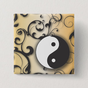 Black with Bronze Yin & Yang with scrolls 2 Inch Square Button