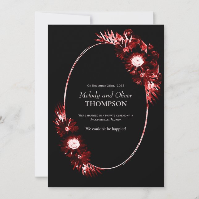 Black with Burgundy Red Floral Wedding Announcement (Front)