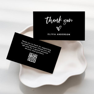 Black with Casual Script and Heart   Thank You Business Card