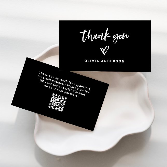 Black with Casual Script and Heart | Thank You Business Card (Creator Uploaded)