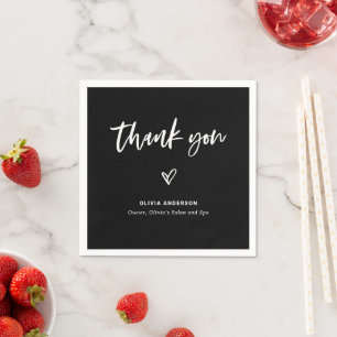 Black with Casual Script and Heart   Thank You Napkin