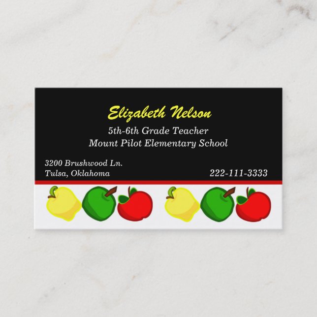 Black with Colourful Apples Teacher's business Business Card (Front)