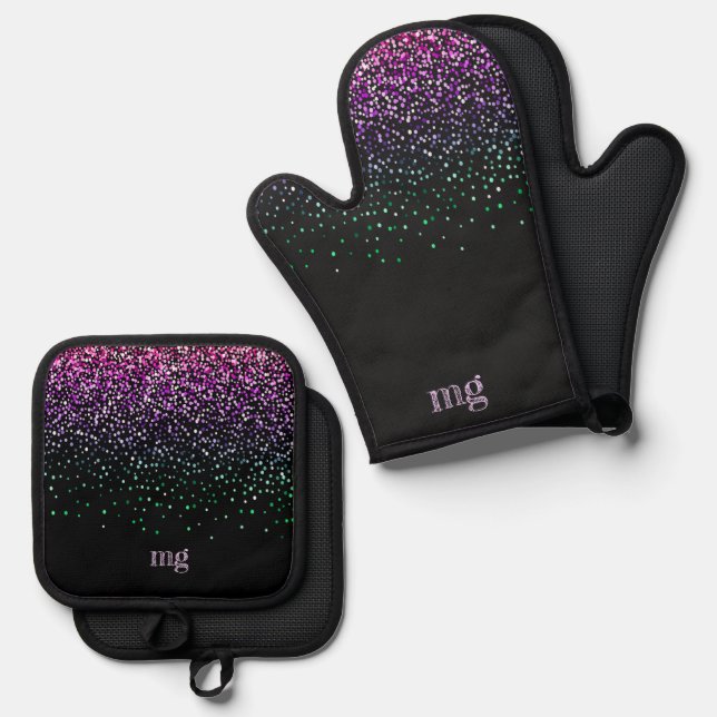 Black With Colourful Glitter Accent Oven Mitt & Pot Holder Set (Front/Back)