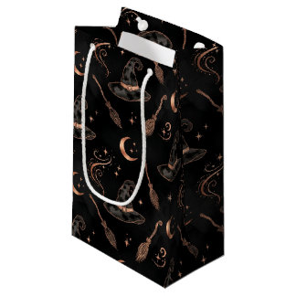 BLACK WITH COPPER HALLOWEEN WITCHES HAT & BROOMS SMALL GIFT BAG