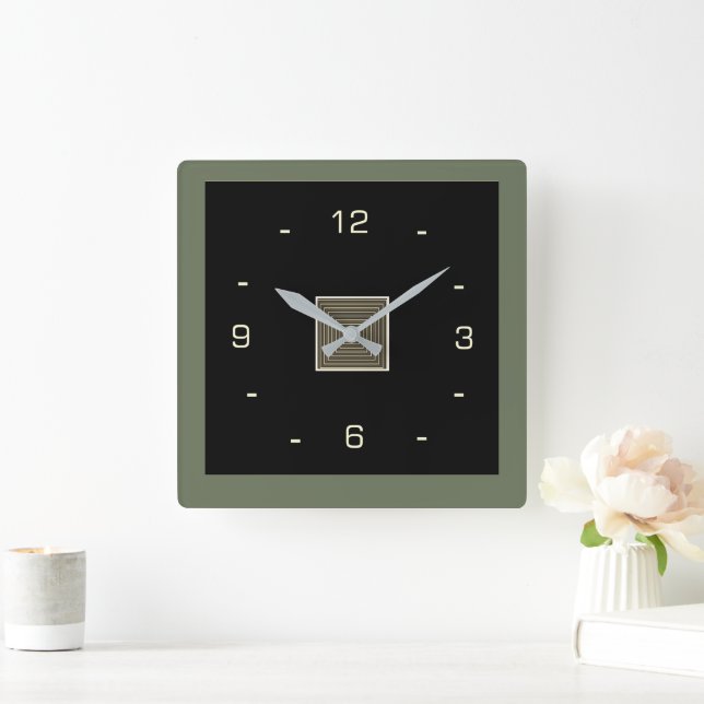  Black with Cream Numerals and Olive Border  Squar Square Wall Clock (Home)