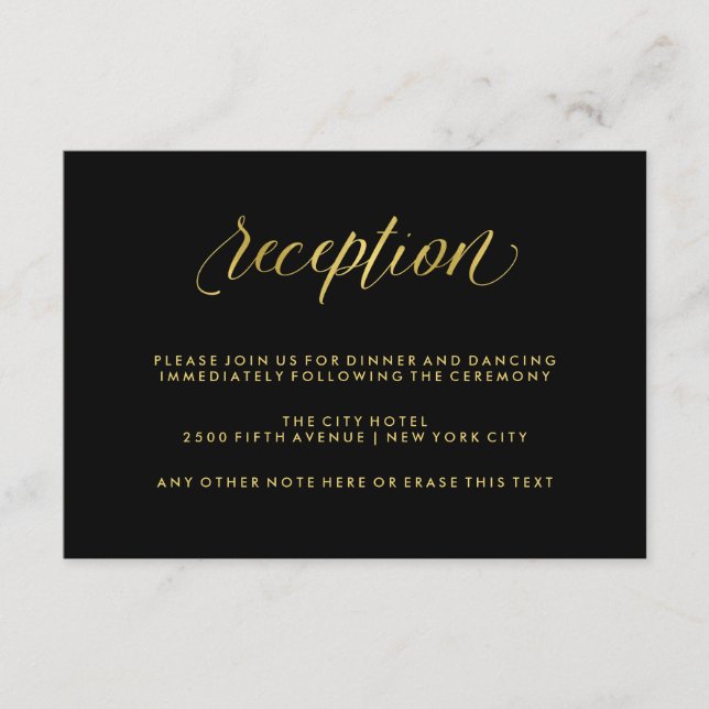 Black with Faux Gold Calligraphy Wedding Reception Enclosure Card (Front)