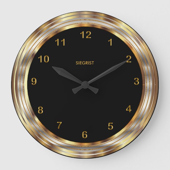 Black with Faux Metallic Gold Frame Large Clock (Front)