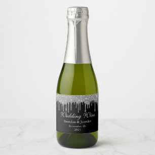 Black with Faux Silver Glitter Wedding Favour  Sparkling Wine Label
