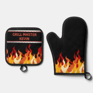 Black with Flames Grill Master Oven Mitt & Pot Holder Set