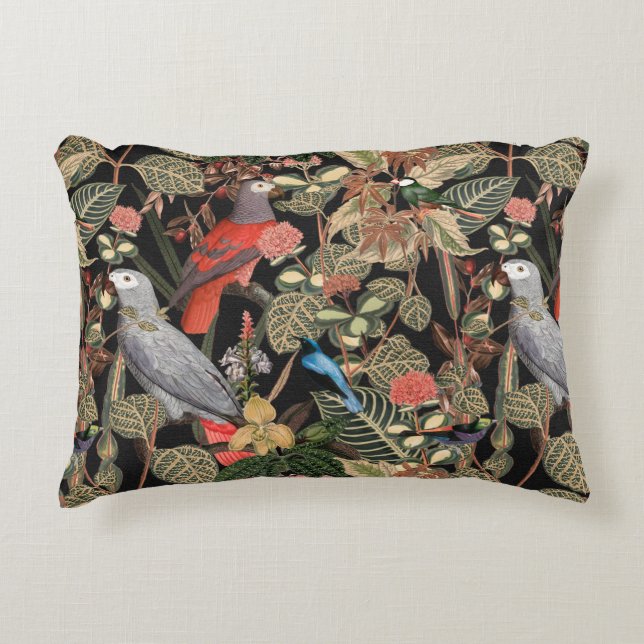 Black with Floral Bird Art Accent Pillow (Front)