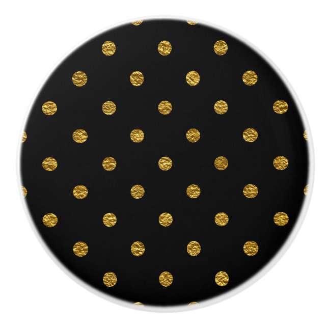 Black with Gold Faux Foil Polka Dots Modern Ceramic Knob (Front)