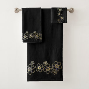 Black with Gold Flowers Bath Towel Set