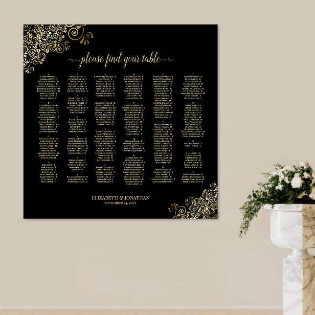 Black with Gold Frills Alphabetical Seating Chart (In Situ on Wall)