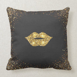 Black with Gold Glitter and Gold Lips Throw Pillow