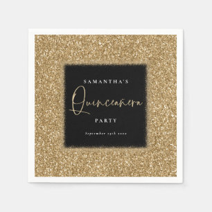 Black with Gold Glitter Name Quinceañera Party Napkin