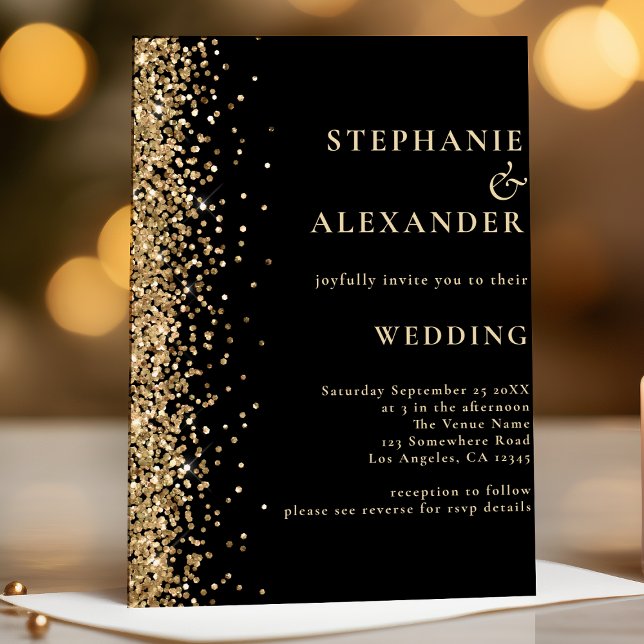 Black with Gold Glitter QR Code Wedding Invitation (Creator Uploaded)