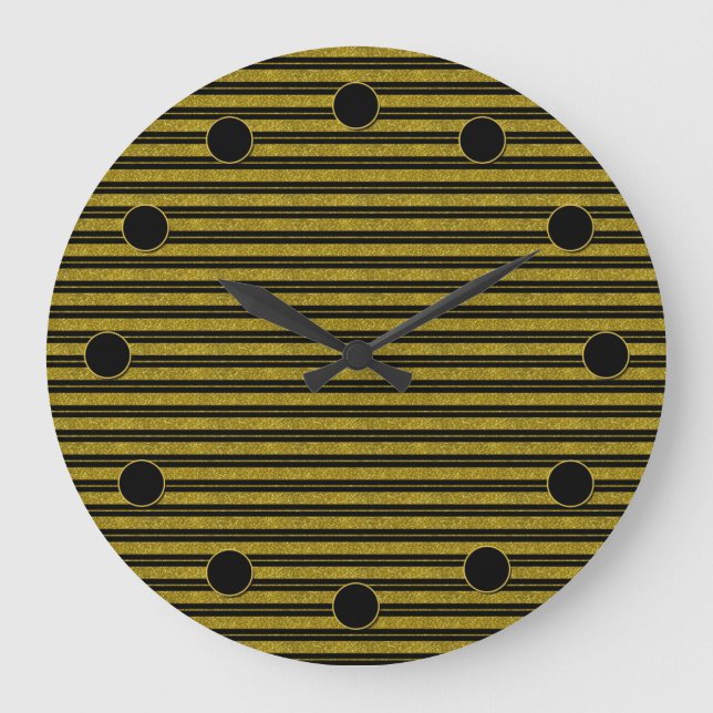 Black with Gold Glitter Stripes Large Wall Clock (Front)