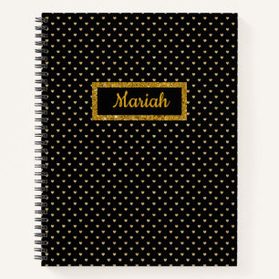 Black with Gold Hearts and Gold Glitter Nameplate  Notebook