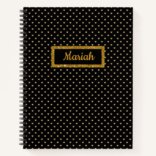 Black with Gold Hearts and Gold Glitter Nameplate  Notebook (Front)