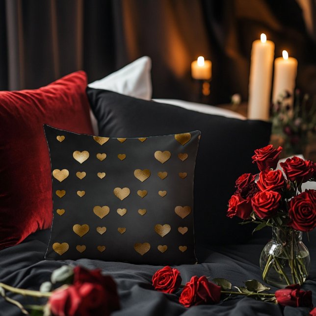 Black with Gold Hearts Throw Pillow (Creator Uploaded)