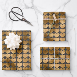 Black With Gold Hearts Valentine's  Wrapping Paper Sheet