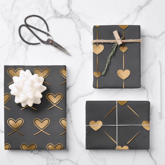 Black With Gold Hearts Valentine's  Wrapping Paper Sheet (Front)