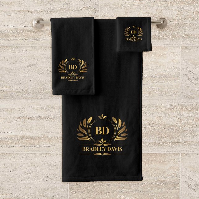 Black with Gold Monogram and Name Bath Towel Set (Creator Uploaded)