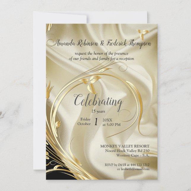Black with Gold on Champagne Silk reception  Invitation (Front)