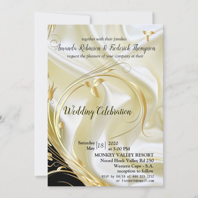 Black with Gold on Champagne Silk Wedding Invitation (Front)
