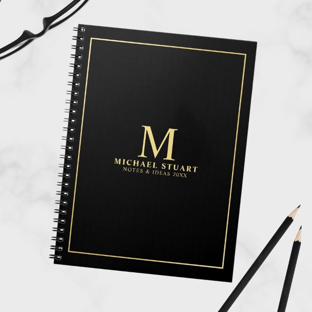 Black with Gold Personalized Monogram and Name Notebook (Creator Uploaded)