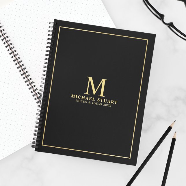 Black with Gold Personalized Monogram and Name Notebook (Creator Uploaded)