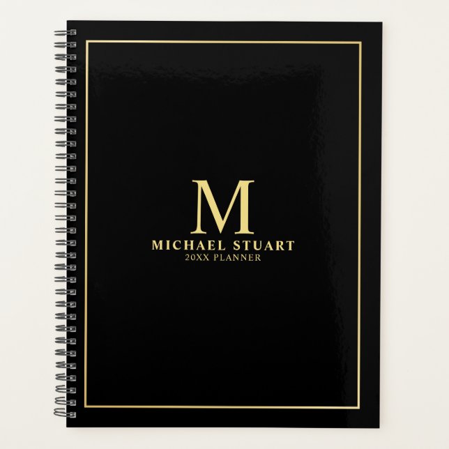 Black with Gold Personalized Monogram and Name Planner (Front)